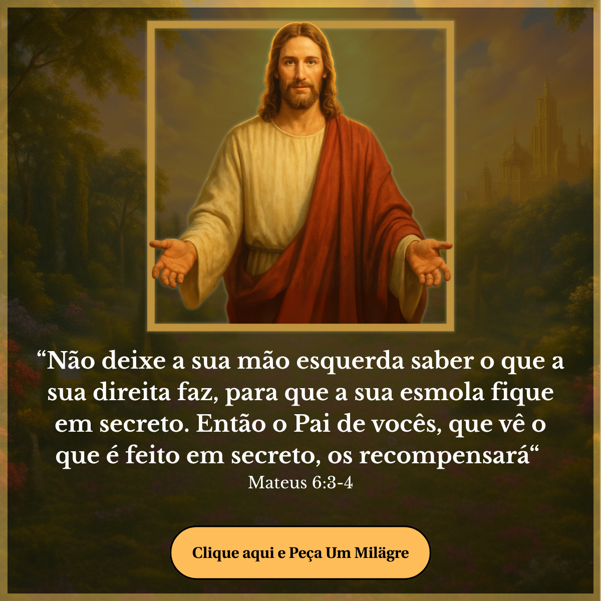 “Não deixe a sua mão esquerda saber o que a sua direita faz, para que a sua esmola fique em secreto. Então o Pai de vocês, que vê o que é feito em secreto, os recompensará” Mateus 6:3-4