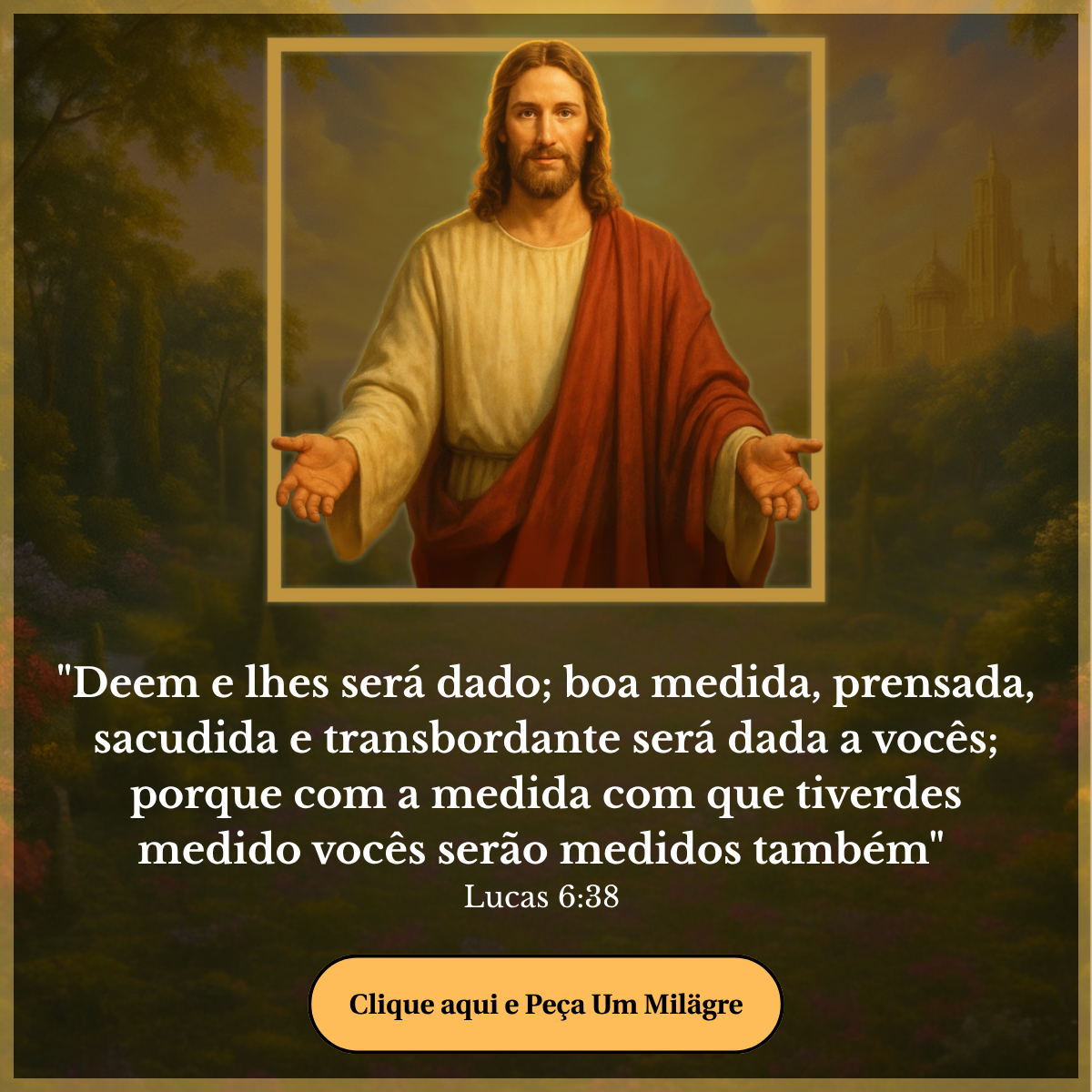 “Deem e lhes será dado; boa medida, prensada, sacudida e transbordante será dada a vocês; porque com a medida com que tiverdes medido vocês serão medidos também”  Lucas 6:38