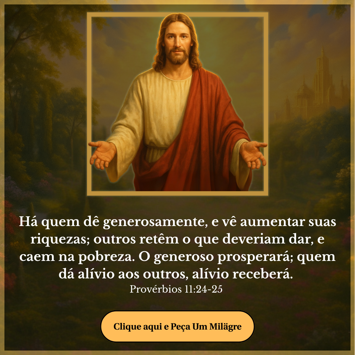 Há quem dê generosamente, e vê aumentar suas riquezas; outros retêm o que deveriam dar, e caem na pobreza. O generoso prosperará; quem dá alívio aos outros, alívio receberá. Provérbios 11:24-25